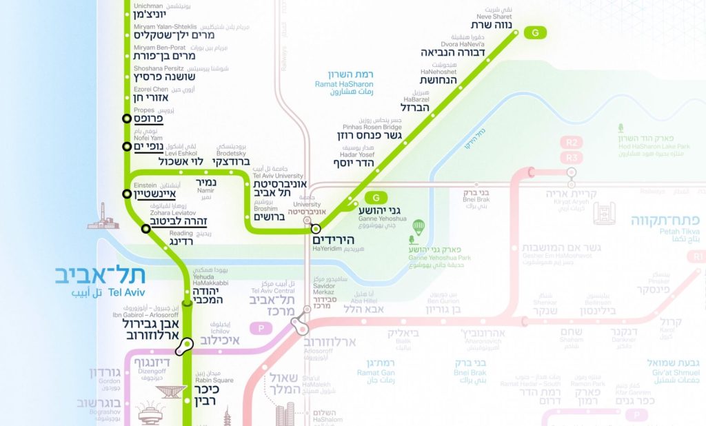 מפת הקו הירוק של הרכבת הקלה - תחנות שדה דב. קרדיט: נת״ע